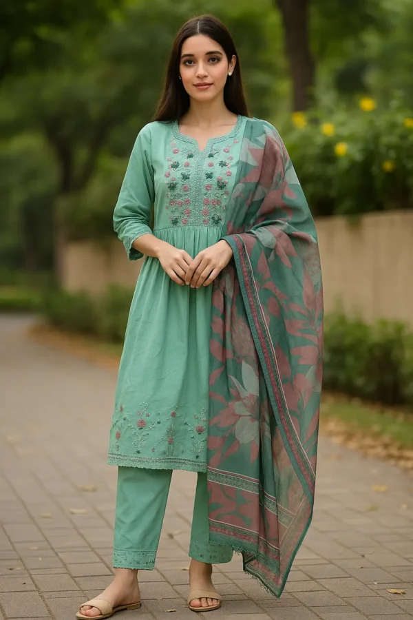 Sea Green Embroidered Cotton Kurta Set with Dupatta