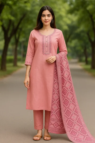 KPD-87-1 Dusty Pink Embroidered Cotton Kurta Set with Dupatta
