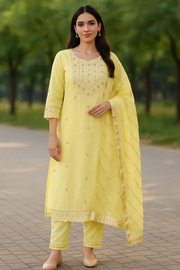Lemon Yellow Embroidered Cotton Kurta Set with Dupatta