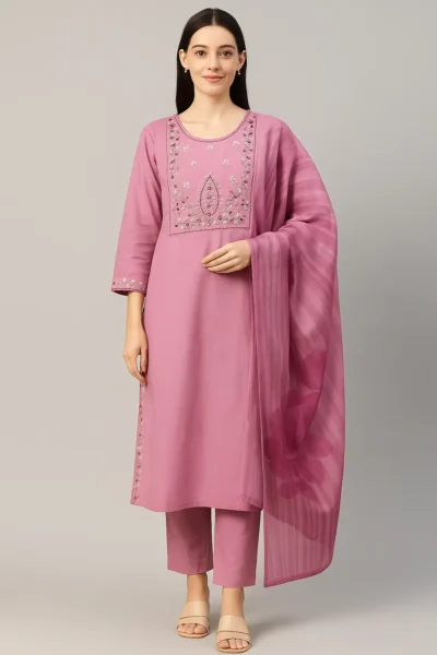 KPD-89-1 Mauve Embroidered Cotton Kurta Set with Dupatta