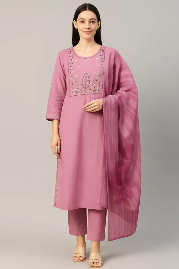 Mauve Embroidered Cotton Kurta Set with Dupatta
