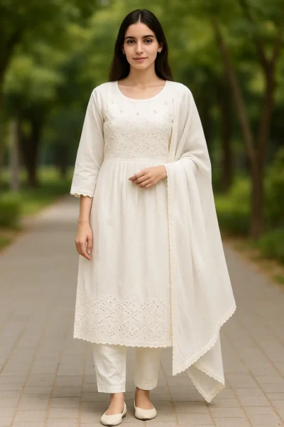 KPD-90-1 Off-White Chikankari Embroidered Cotton Kurta Set with Dupatta