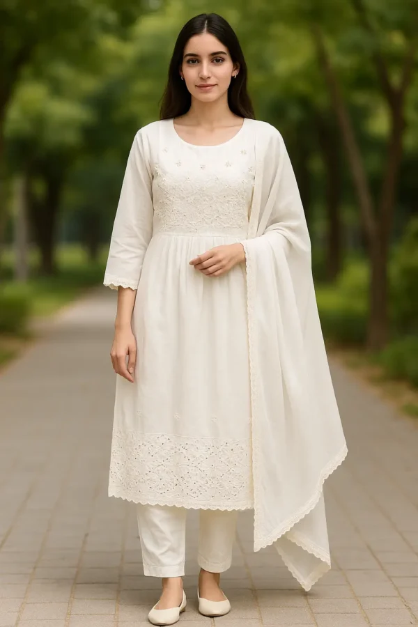 Off-White Chikankari Embroidered Cotton Kurta Set with Dupatta