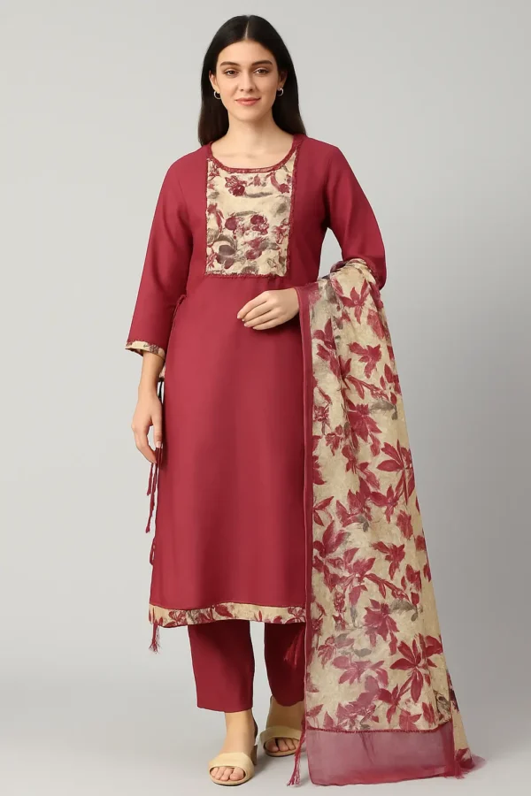Wine Floral Printed Cotton Kurta Set with Dupatta