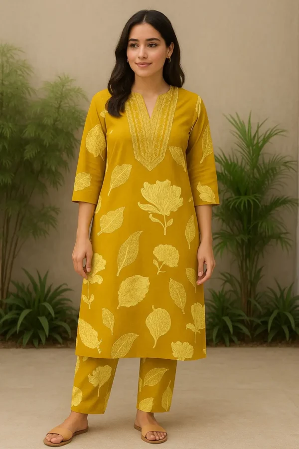 Mustard Yellow Leaf Print Co-ord Kurta Pant Set