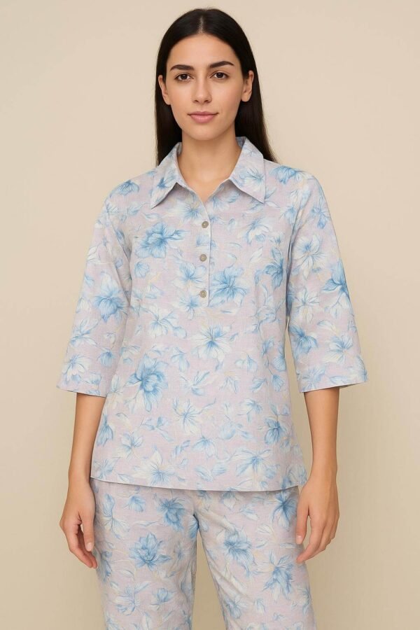 Pastel Blue Floral Printed Shirt Style Kurta Pant Set