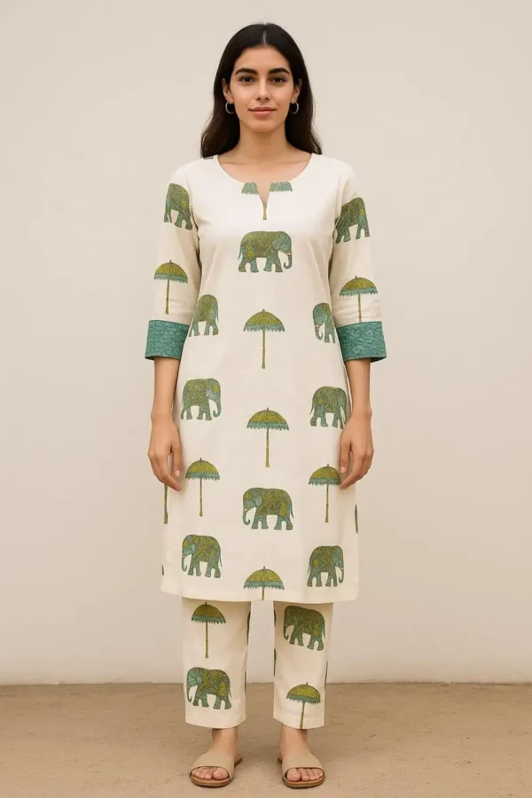 Ivory Elephant & Umbrella Printed Kurta & Pant Set