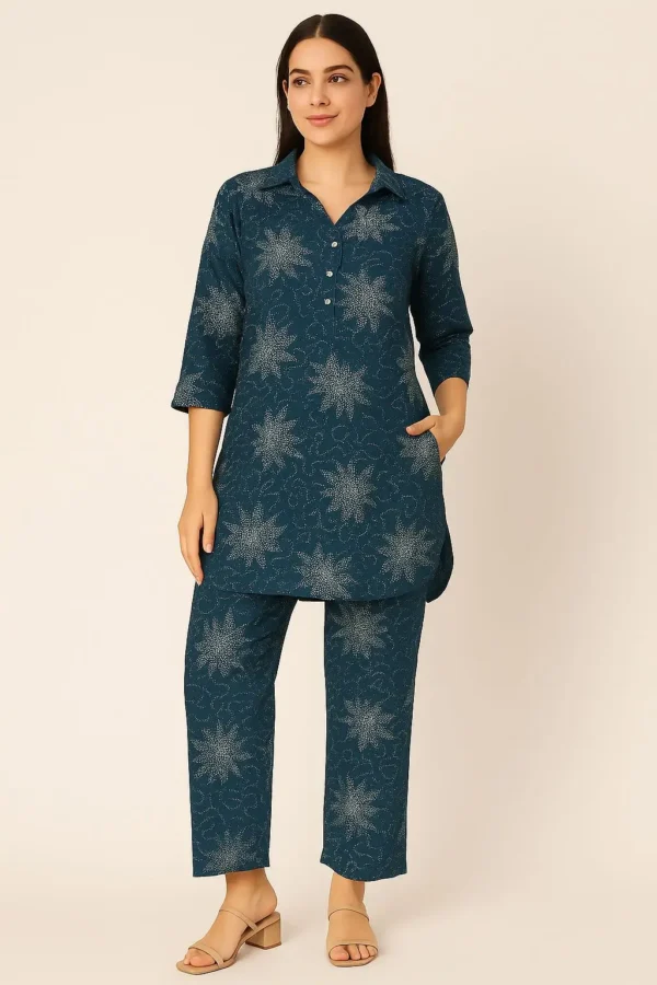 Teal Blue Collared Kurta & Pant Set with Starry Print