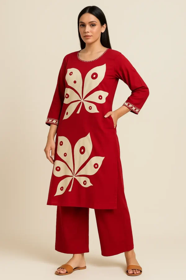 Red Bold Leaf Print Co-ord Kurta Pant Set
