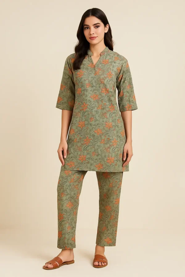 Olive Green Floral Print Kurta Pant Set