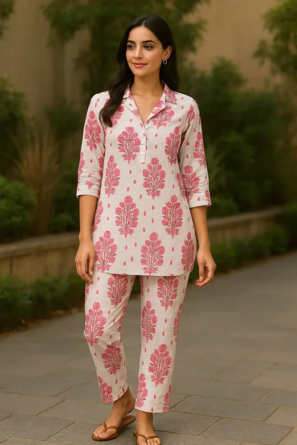 White and Pink Leaf Print Cotton Kurta Pant Set