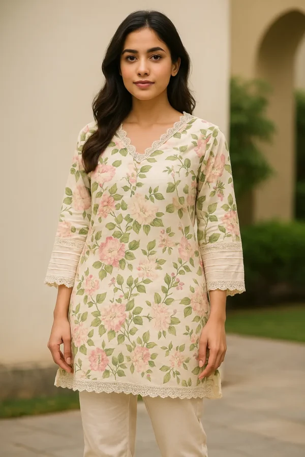 Beige & Pink Floral Lace Trim Kurta Pant Set