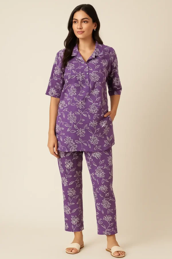 Purple Printed Kurta Pant Set with Shirt Collar