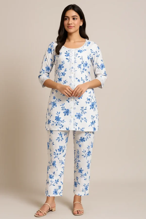 White & Blue Floral Printed Kurta Pant Set