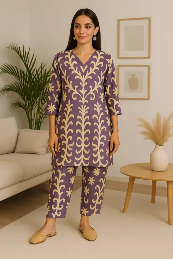 Purple Embroidered Floral Co-ord Kurta Pant Set