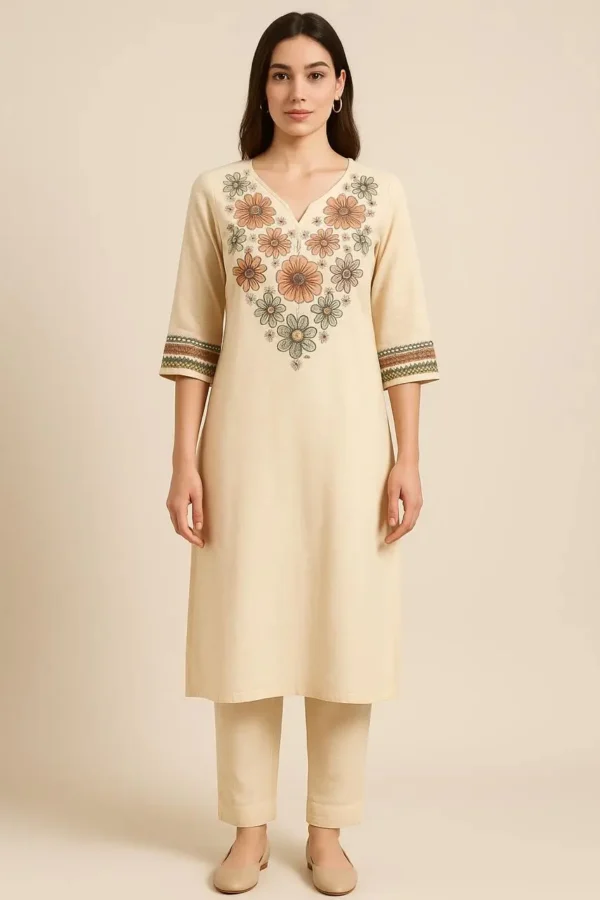 Cream Floral Embroidered Kurta Pant Set