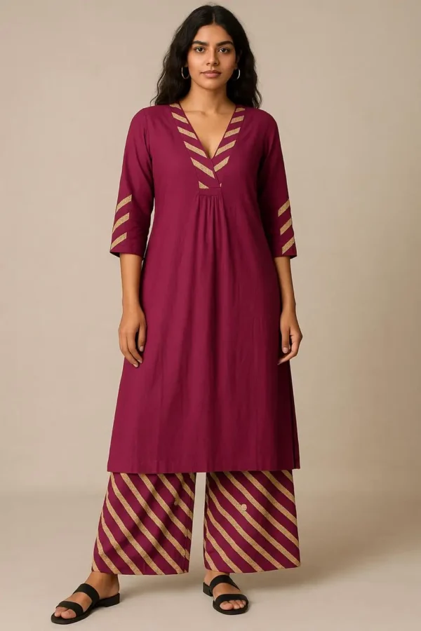 Maroon Kurta Pant Set with Golden Striped Accents