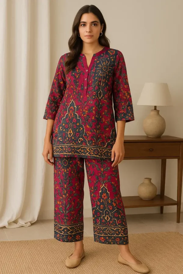 Maroon & Navy Ethnic Printed Kurta Pant Set