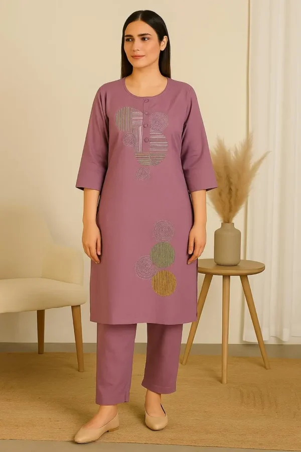 Lavender Cotton Blend Circle Embroidered Kurta Pant Set