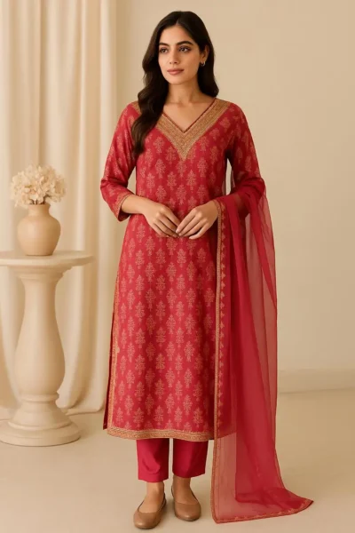 Kurta Pant Dupatta-11-1 Maroon Ethnic Motif Straight Kurta Set with Chiffon Dupatta