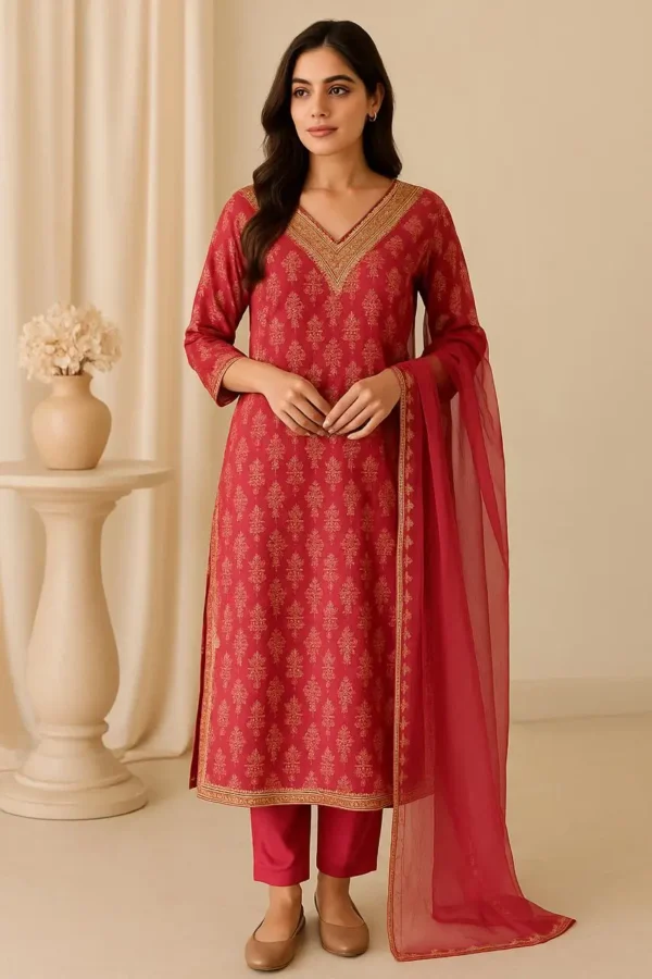 Maroon Ethnic Motif Straight Kurta Set with Chiffon Dupatta
