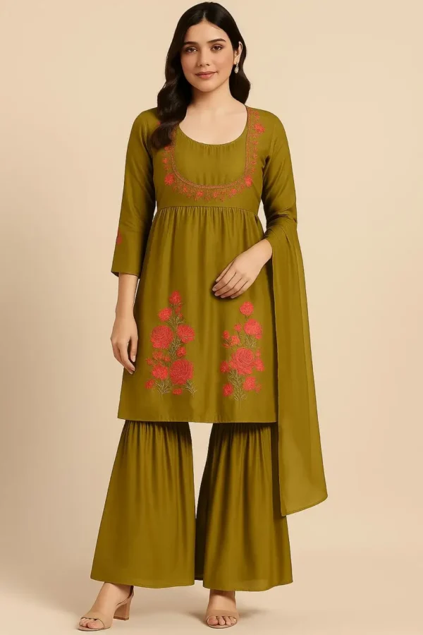 Olive Green Embroidered Kurta with Sharara and Dupatta Set