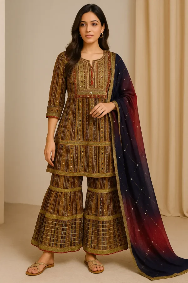 Brown Printed Mirror Work Kurta with Sharara and Ombre Dupatta Set