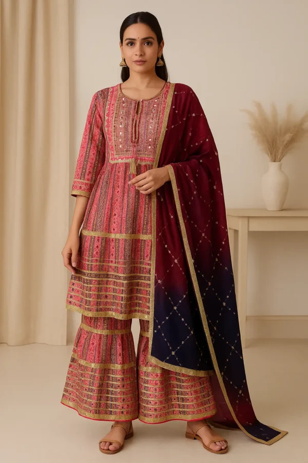 Red Printed Kurta with Gota Patti Detailing, Sharara Pants & Dupatta