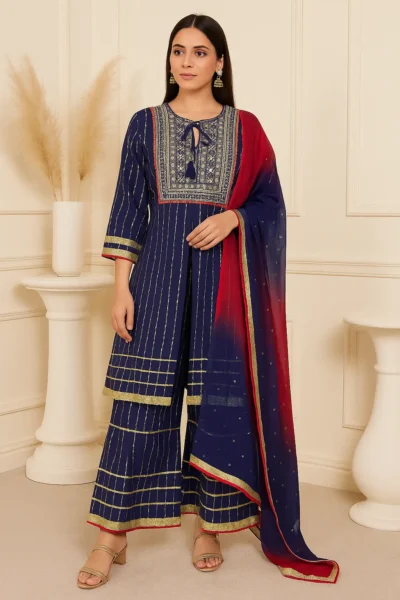 Kurta Pant Dupatta-15-1 Navy Blue Embroidered Kurta with Gold Striped Sharara Pants & Ombré Dupatta