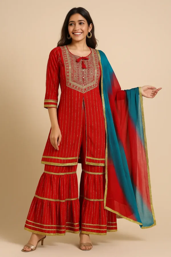 Red Gold-Striped Embroidered Kurta with Sharara & Dual-Tone Dupatta Set