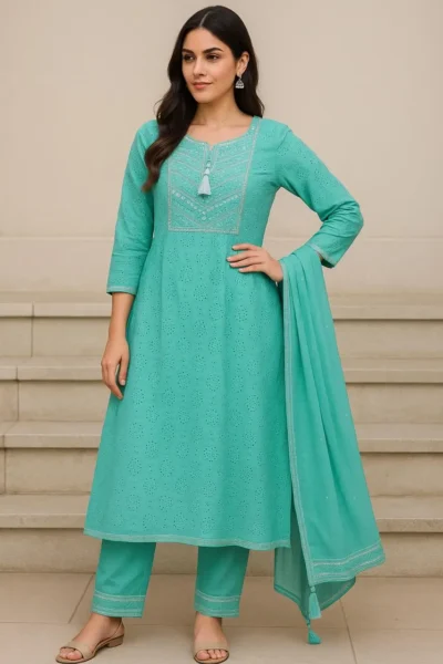 Kurta Pant Dupatta-17-1 Turquoise Eyelet Embroidered Kurta Set with Pants & Dupatta