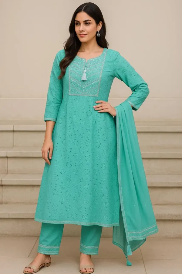 Turquoise Eyelet Embroidered Kurta Set with Pants & Dupatta