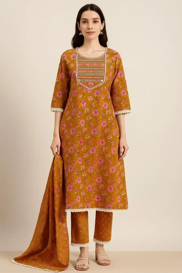 Mustard Floral Printed Kurta Set with Pants & Dupatta