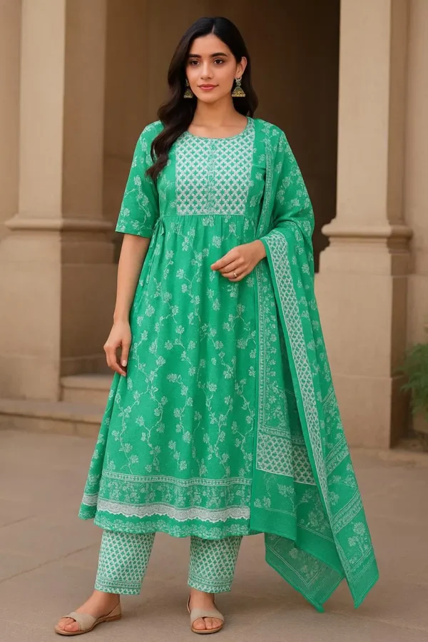 Fresh Green Floral Kurta Set with Pants & Dupatta