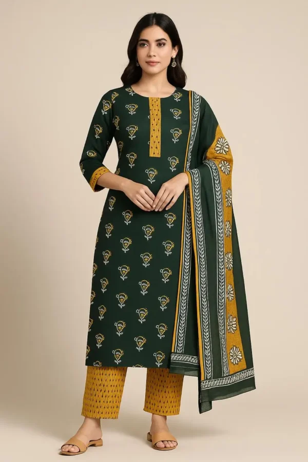 Forest Green Printed Kurta Set with Mustard Pants & Dupatta