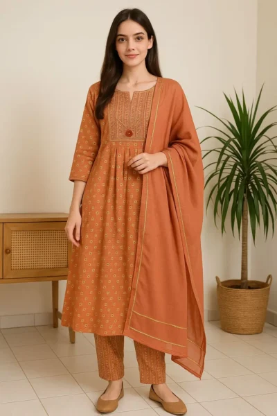 Kurta Pant Dupatta-22-1 Rust Orange Printed A-Line Kurta Set with Pants & Dupatta