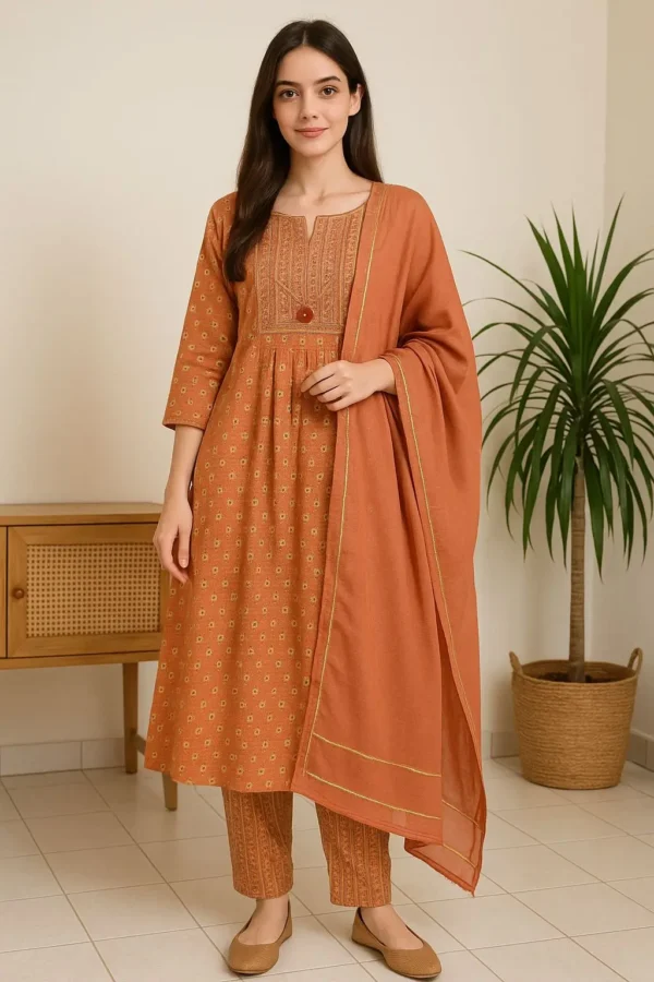 Rust Orange Printed A-Line Kurta Set with Pants & Dupatta