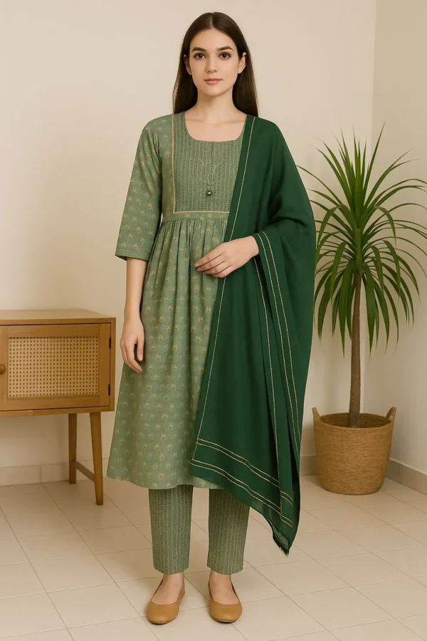 Olive Green Printed Kurta Set with Pants & Solid Dupatta