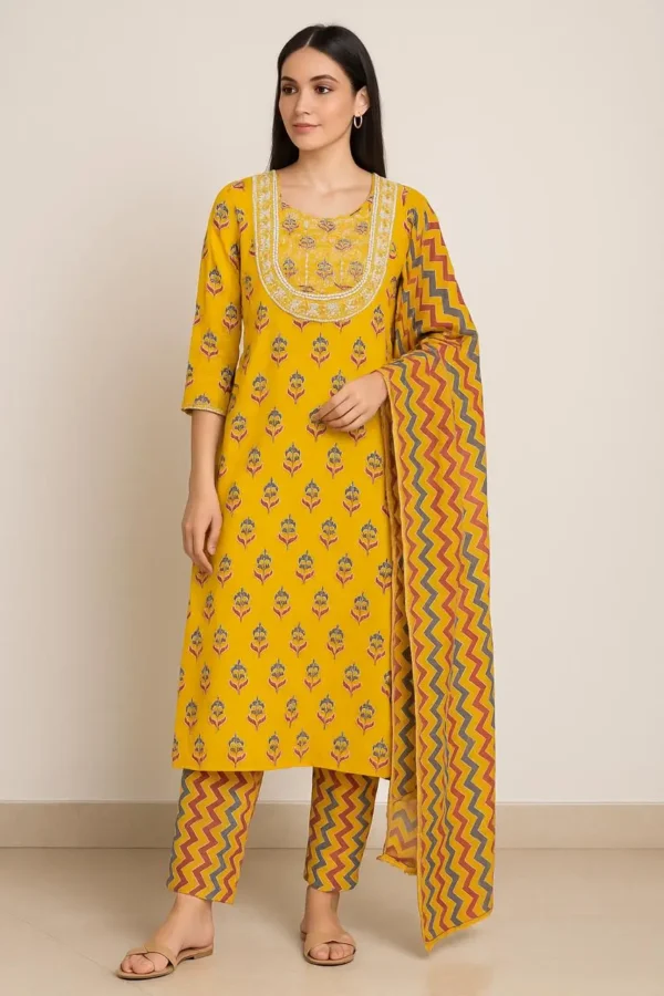 Mustard Yellow Floral Printed Kurta Set with Zigzag Pants & Dupatta
