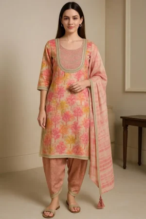 Kurta Pant Dupatta-25-1 Peach & Pink Tree Printed Kurta with Patiala Pants and Dupatta Set