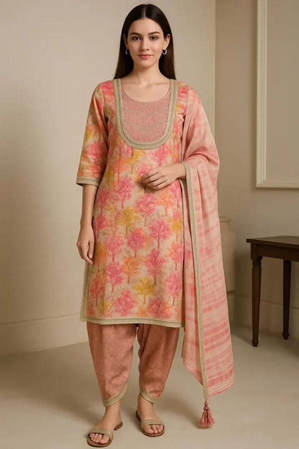 Peach & Pink Tree Printed Kurta with Patiala Pants and Dupatta Set