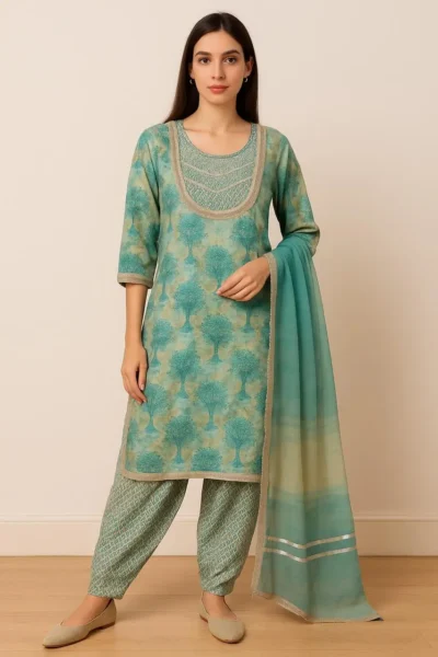 Kurta Pant Dupatta-26-1 Teal Tree Print Kurta with Printed Patiala and Ombre Dupatta