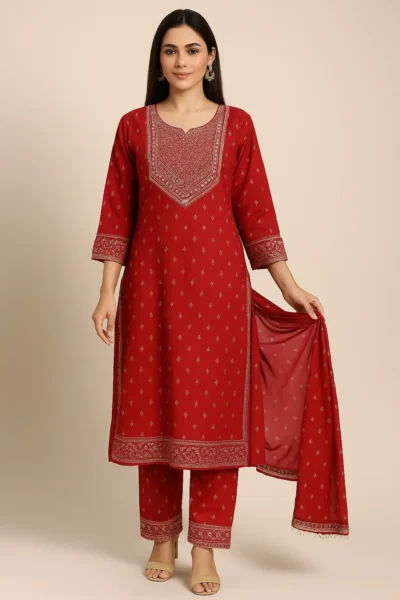 Kurta Pant Dupatta-27-1 Elegant Red Embroidered Kurta Set with Printed Pants & Dupatta