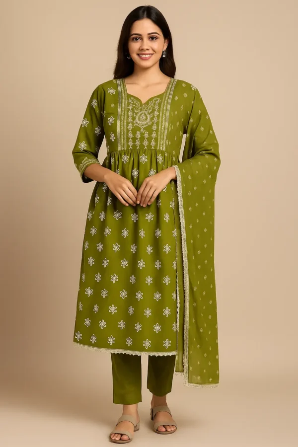 Olive Green Floral Embroidered Kurta Set with Dupatta