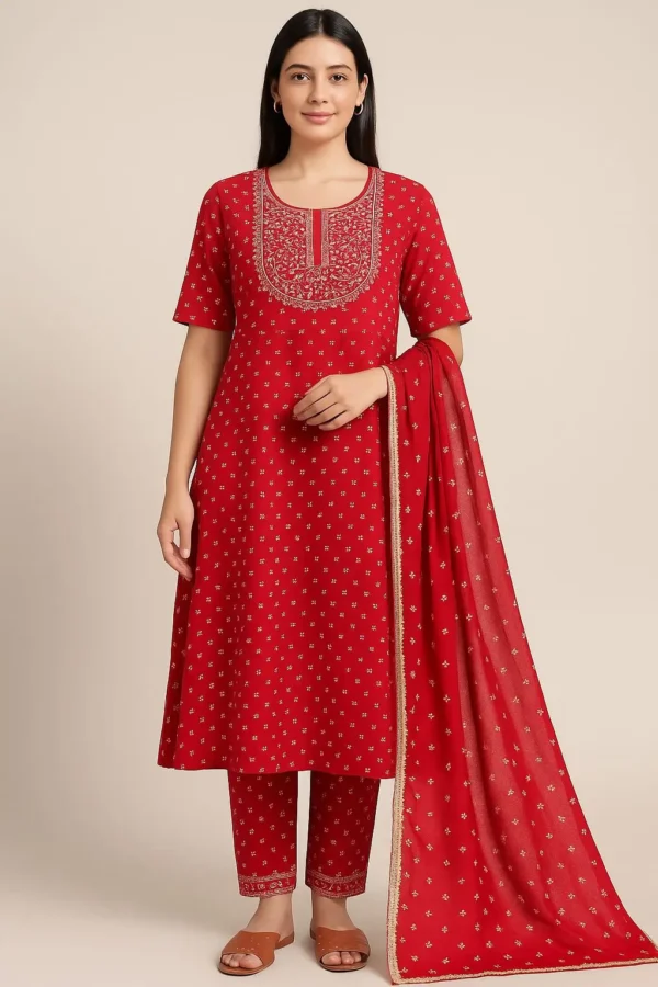 Cherry Red Embroidered Kurta Set with Matching Dupatta