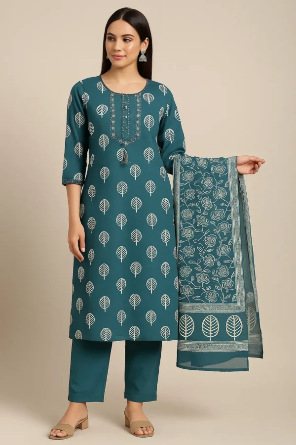 Teal Green Printed Kurta Pant Dupatta Set