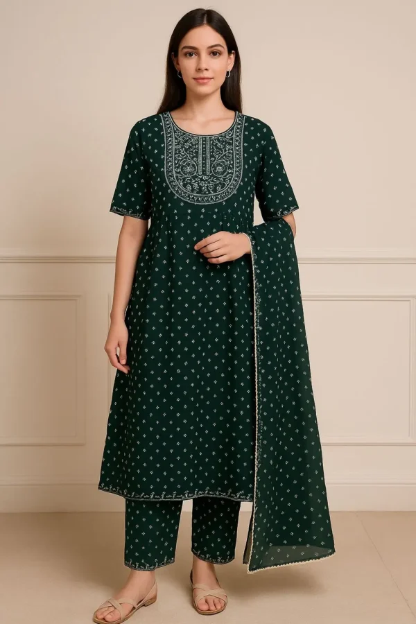 Bottle Green Embroidered Kurta Set with Printed Dupatta