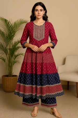 Kurta Pant Dupatta-31-1 Maroon & Navy Tiered Anarkali Kurta Set with Dupatta
