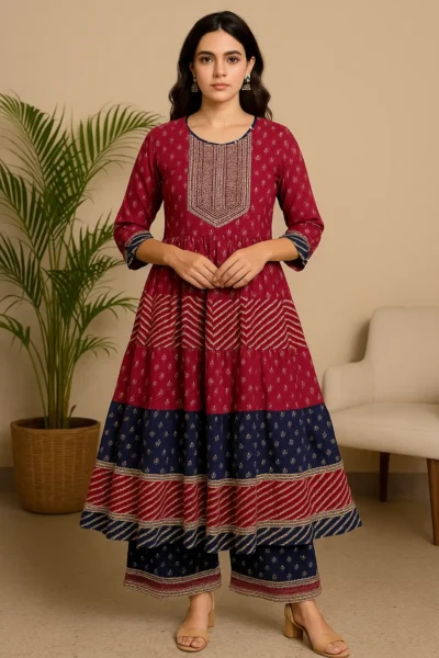 Kurta Pant Dupatta-31-1 Maroon & Navy Tiered Anarkali Kurta Set with Dupatta
