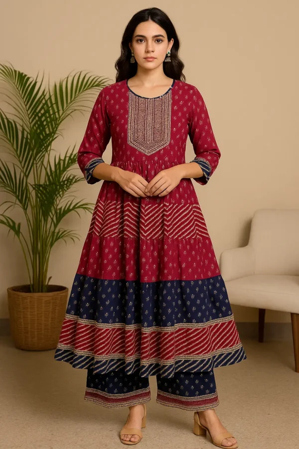 Maroon & Navy Tiered Anarkali Kurta Set with Dupatta